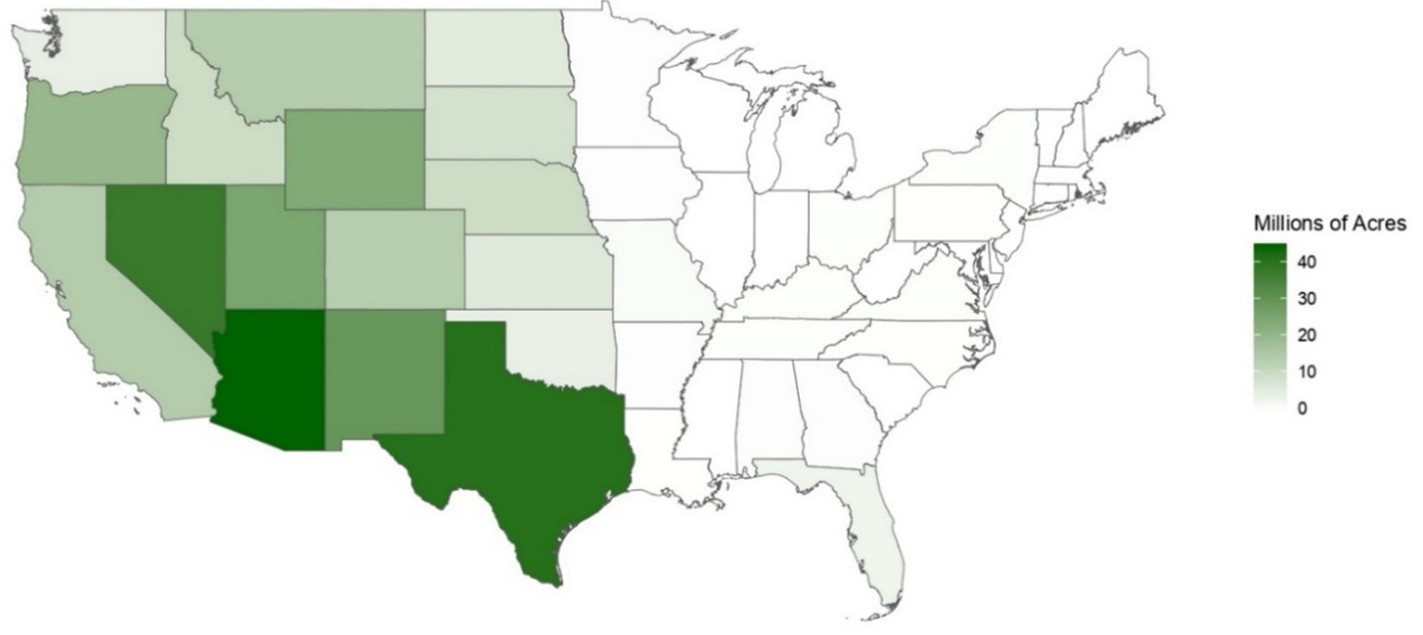 U.S. map shaded by PRF insurance coverage in millions of acres. Darkest green areas represent the largest insured acreage (30&ndash;40+ million acres). Texas and Arizona show the highest coverage, followed by Nevada and New Mexico. Surrounding western and plains states have lighter green shading, indicating smaller coverage. Eastern states are mostly white, showing minimal or no PRF coverage.